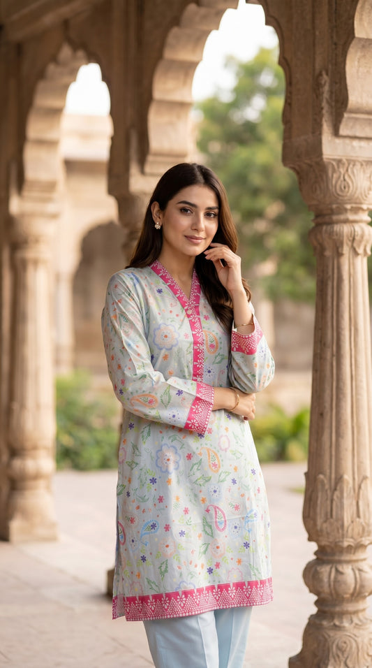 Pastel Blue Floral Printed Kurti with Pink Accent Border