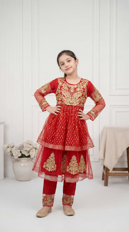 Elegant Girls’ Red & Gold Embroidered Net Frock – 3-Piece Festive Sharara Set