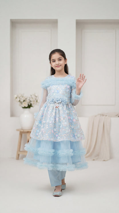 Enchanted Azure Floral Tiered Tulle Frock
