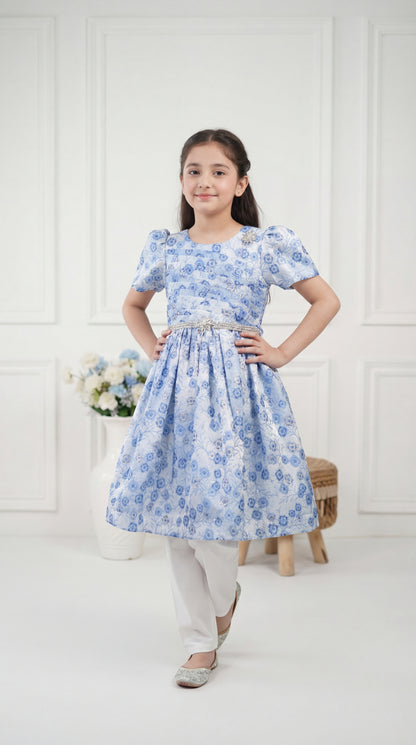 Enchanted Azure Floral Brocade Party Dress – Silver Embellished Girls' Frock