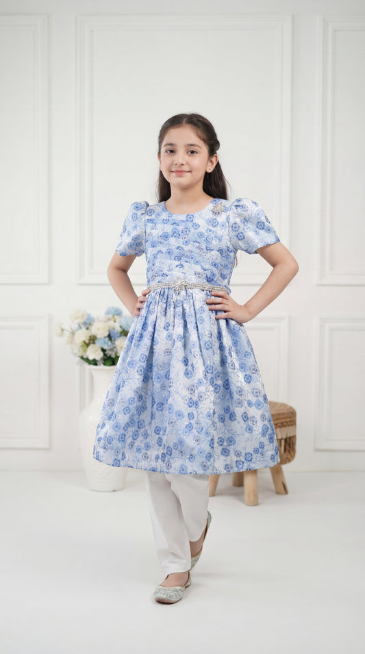 Enchanted Azure Floral Brocade Party Dress – Silver Embellished Girls' Frock