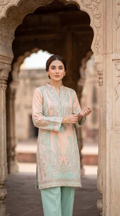 Elegant Pastel Peach & Mint Green Embroidered Kurti