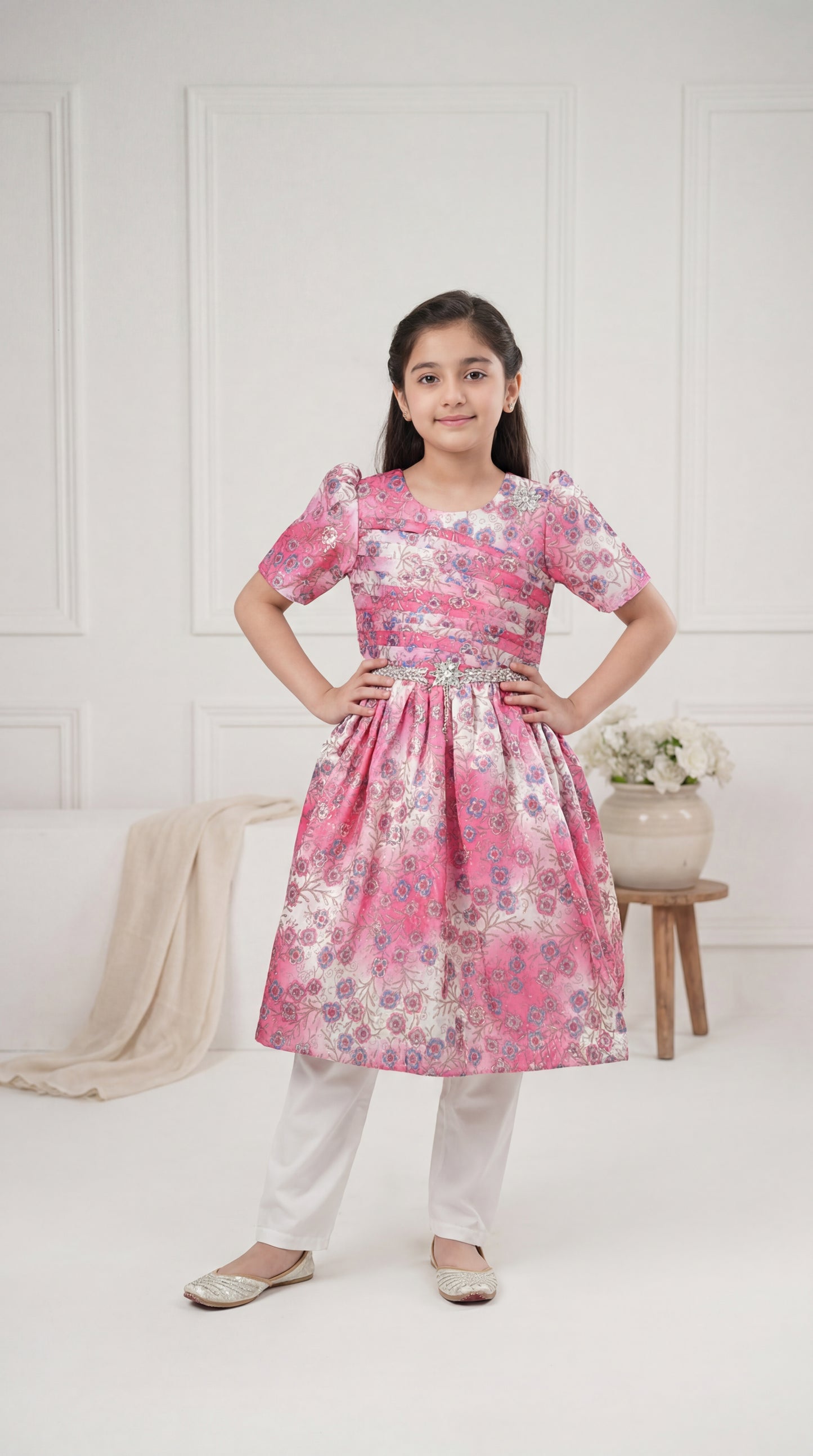 Girls’ Pink Floral Jacquard Festive Frock – Two-Piece Set with Embellished Waistband