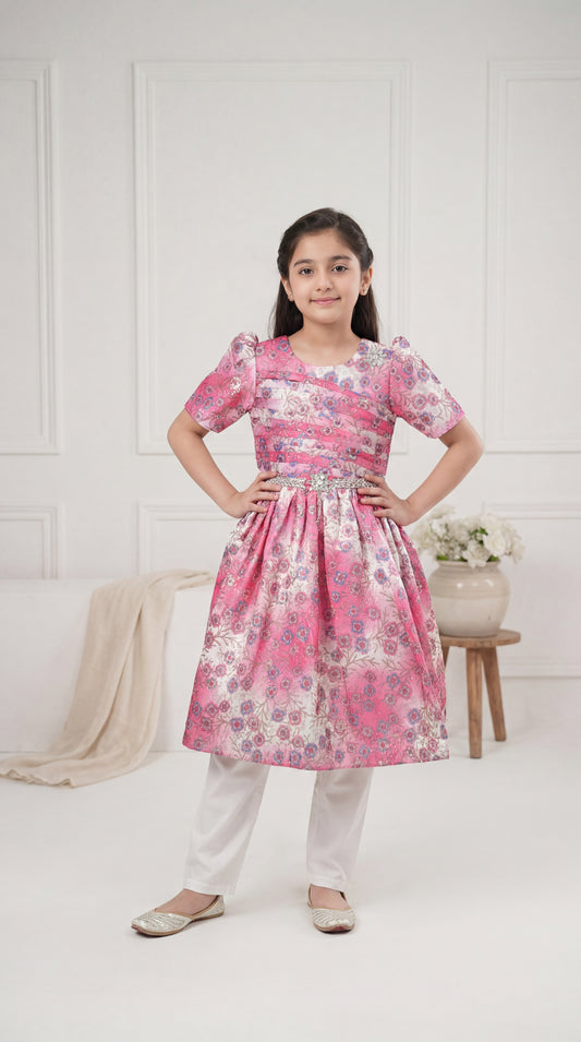 Girls’ Pink Floral Jacquard Festive Frock – Two-Piece Set with Embellished Waistband