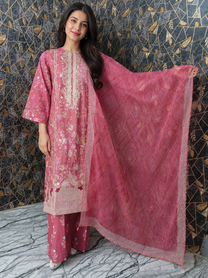 Elegant Rose Pink 3-Piece Embroidered Lawn Stitched Suit