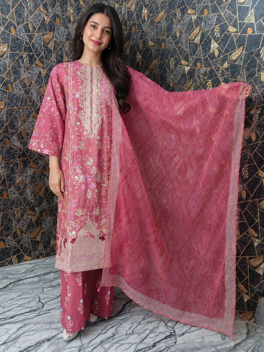 Elegant Rose Pink 3-Piece Embroidered Lawn Stitched Suit
