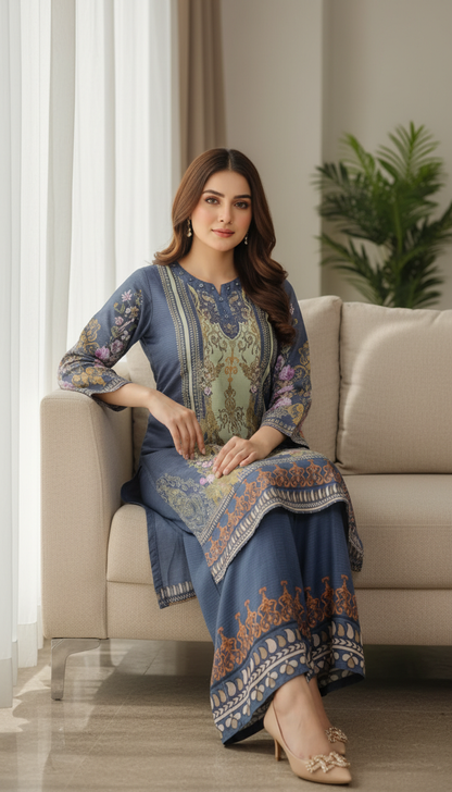 Midnight Azure Floral Printed Kurta & Wide-Leg Trouser Set