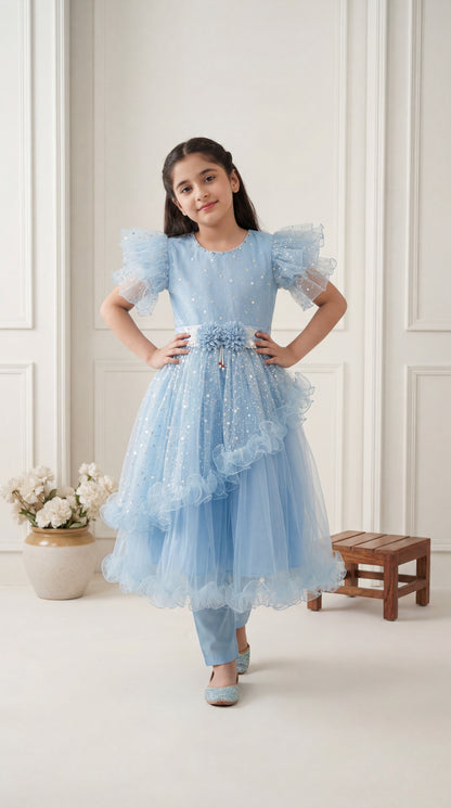 Enchanted Sky Blue Sequined Tulle Frock with Matching Trousers – 2-Piece Festive Set