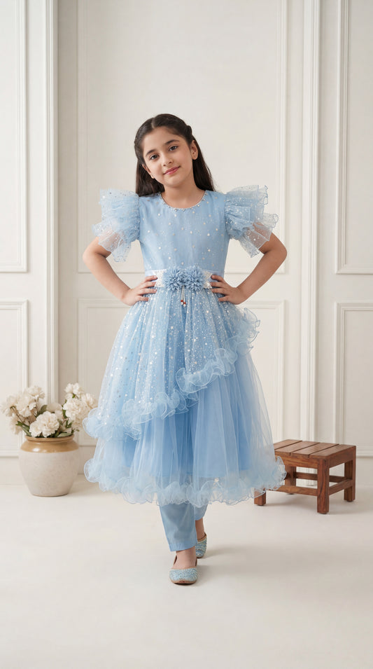 Enchanted Sky Blue Sequined Tulle Frock with Matching Trousers – 2-Piece Festive Set