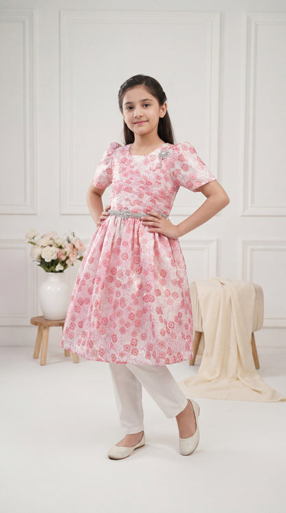 Peachy Pink Floral Jacquard Frock – 2-Piece Eastern Fusion Set