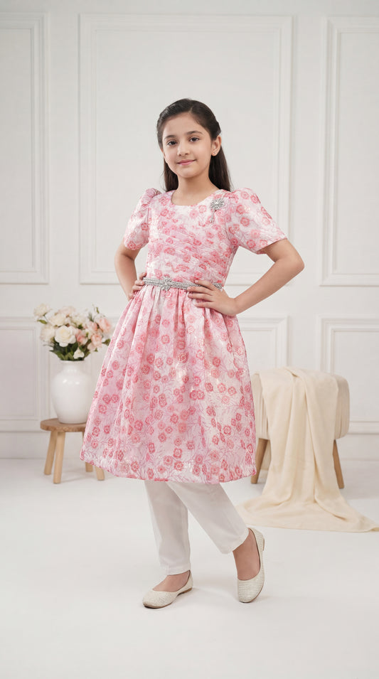 Peachy Pink Floral Jacquard Frock – 2-Piece Eastern Fusion Set