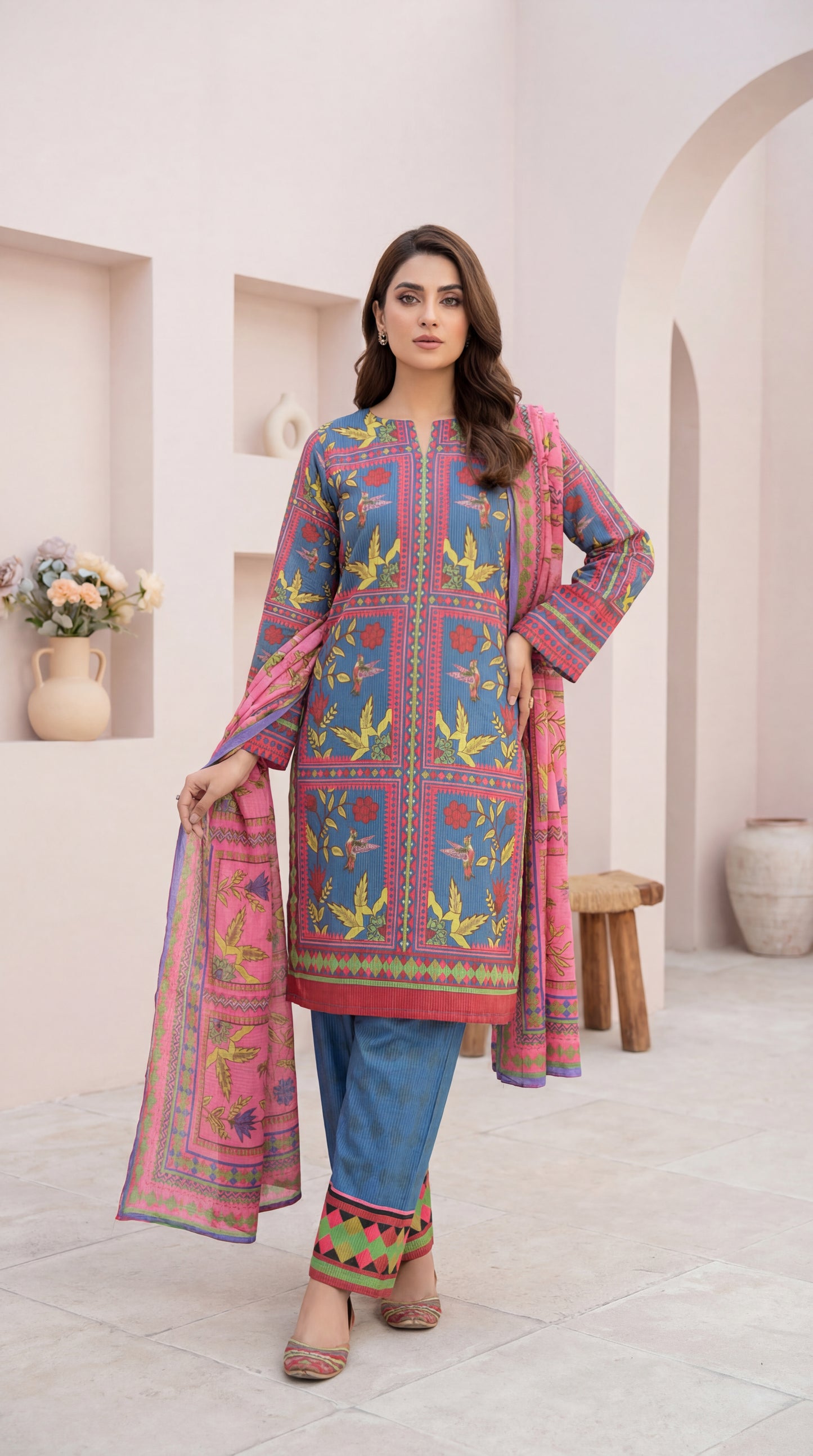 Hummingbird Haven – 3-Piece Stitched Digital Print Lawn Suit in Azure & Rose