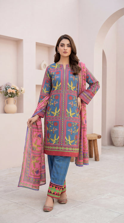 Hummingbird Haven – 3-Piece Stitched Digital Print Lawn Suit in Azure & Rose