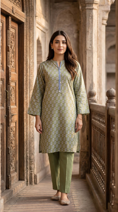 Sage Green Paisley Printed Lawn Kurti – Elegant Straight-Cut Ethnic Tunic