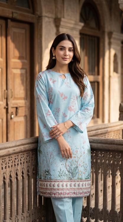 Sky Blue Floral Printed Kurti – Elegant Lawn Casual Tunic