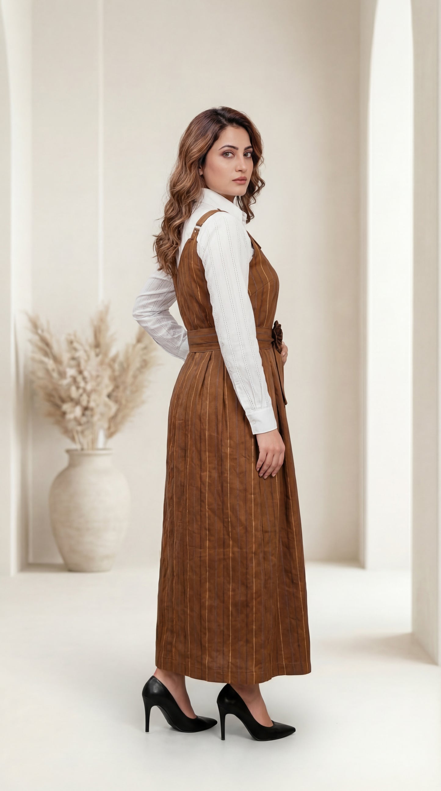 Sienna Striped Pinafore Maxi Dress with Floral Belt