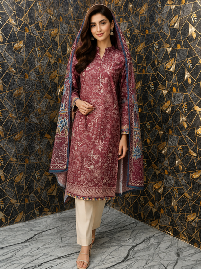 Elegant Floral Printed 3-Piece Stitched Lawn Suit – Plum & Beige