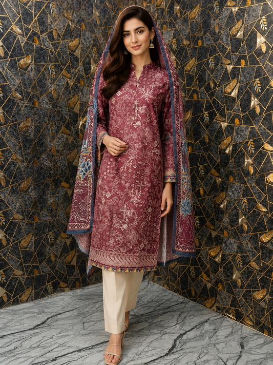 Elegant Floral Printed 3-Piece Stitched Lawn Suit – Plum & Beige