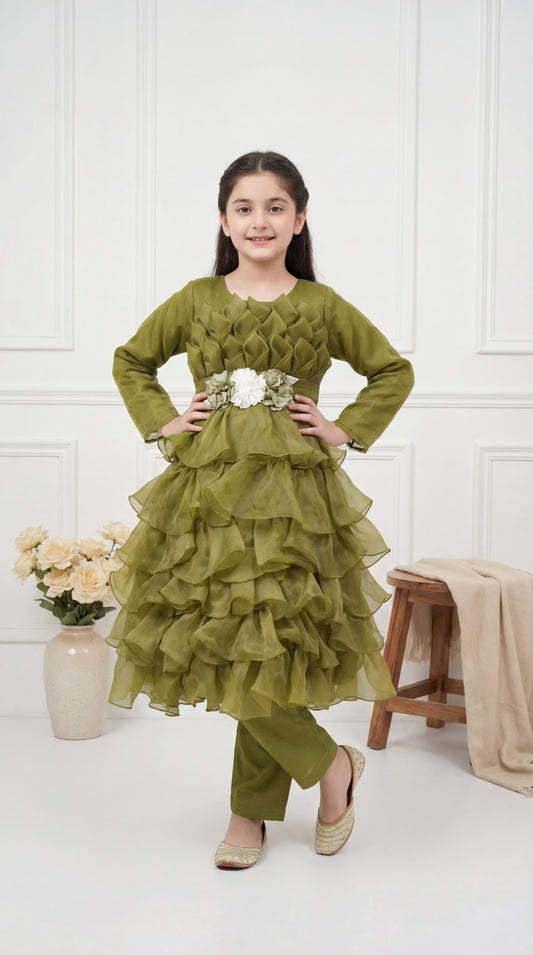 Enchanted Forest Olive Green Ruffled Tiered Party Frock