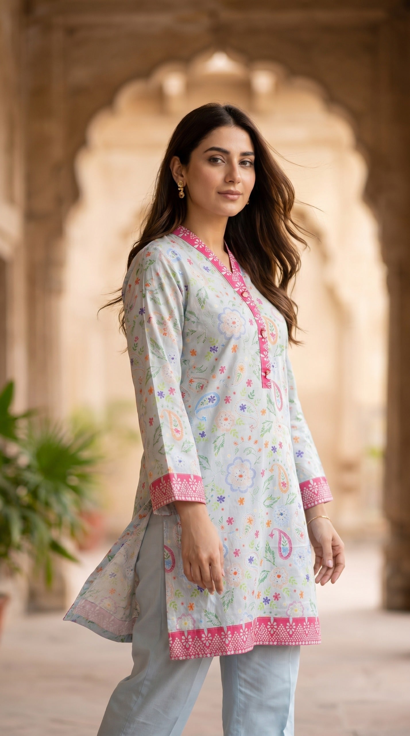 Pastel Blue Floral Printed Kurti with Pink Accent Border