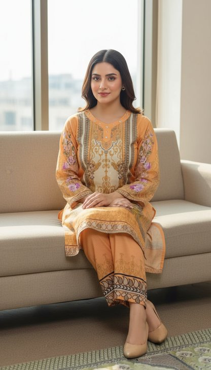 Sunset Bloom – 2-Piece Digitally Printed Lawn Suit in Terracotta Peach