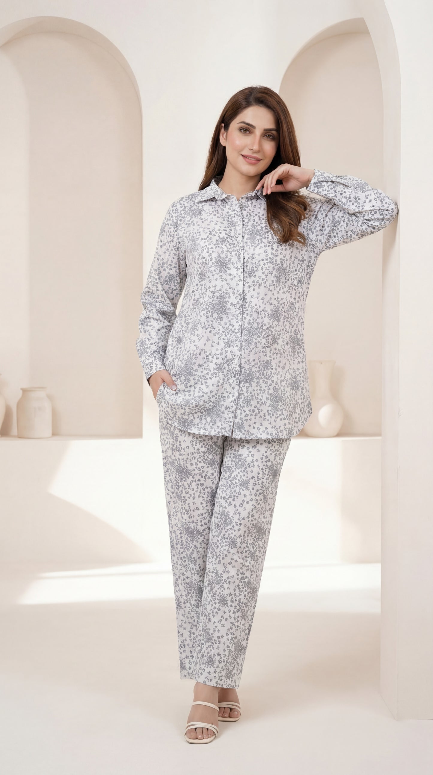 Serene Meadow Printed Co-ord Suit in Soft Grey & Cream
