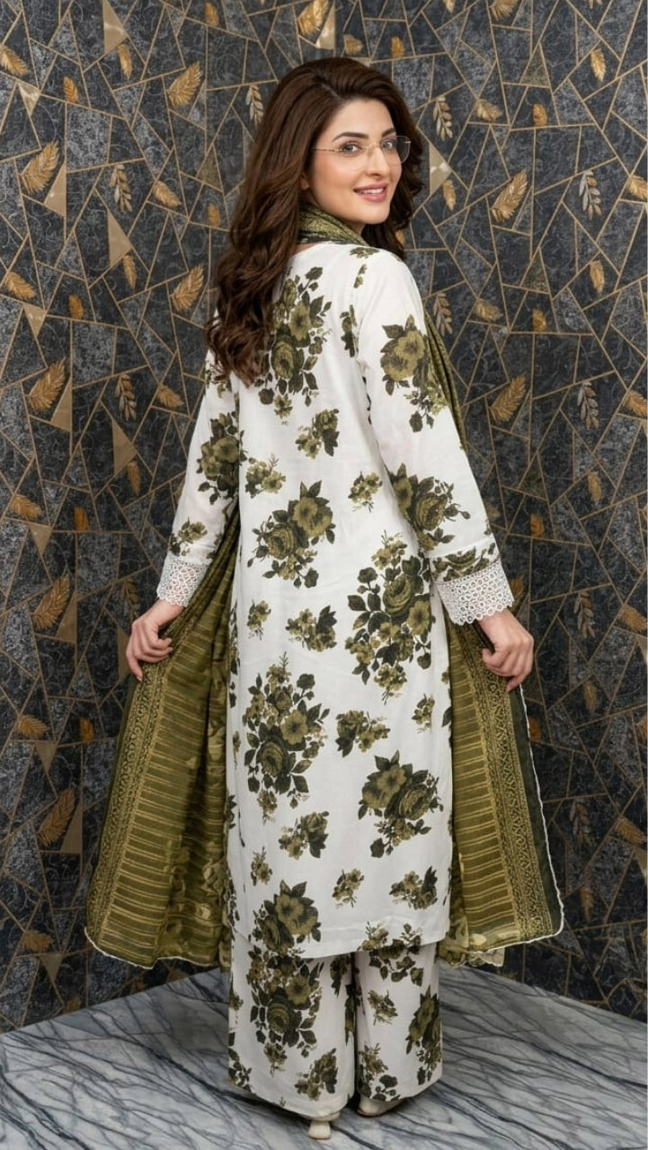 Sage Bloom | Embroidered Floral Lawn 3-Piece Suite