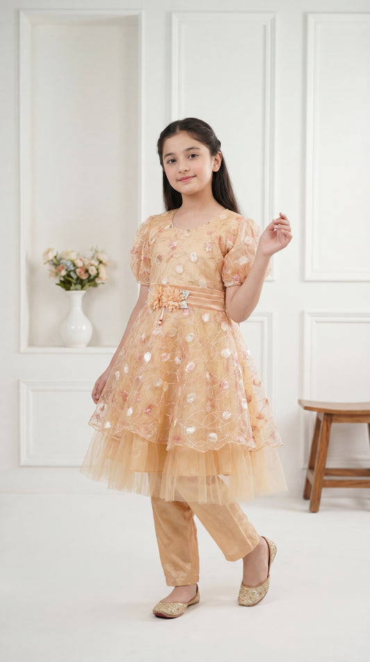 Girls’ Peach Floral Embroidered Tulle Frock with Matching Trousers – 2-Piece Festive Set