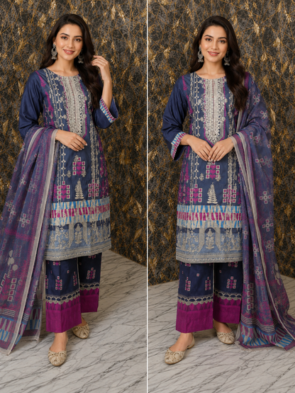 Midnight Azure Geometric 3-Piece Emboroided Lawn stitched Suit