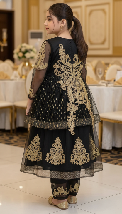 Royal Black & Gold Embroidered Girls' Peplum Sharara Set