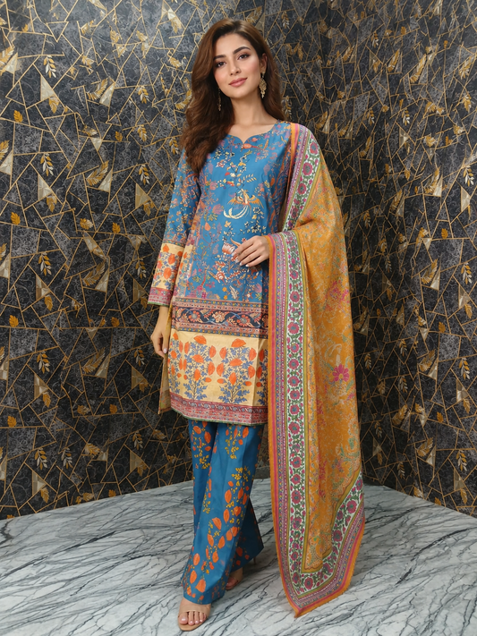 Azure Blossom | Three-Piece Printed Lawn Stitched Suit
