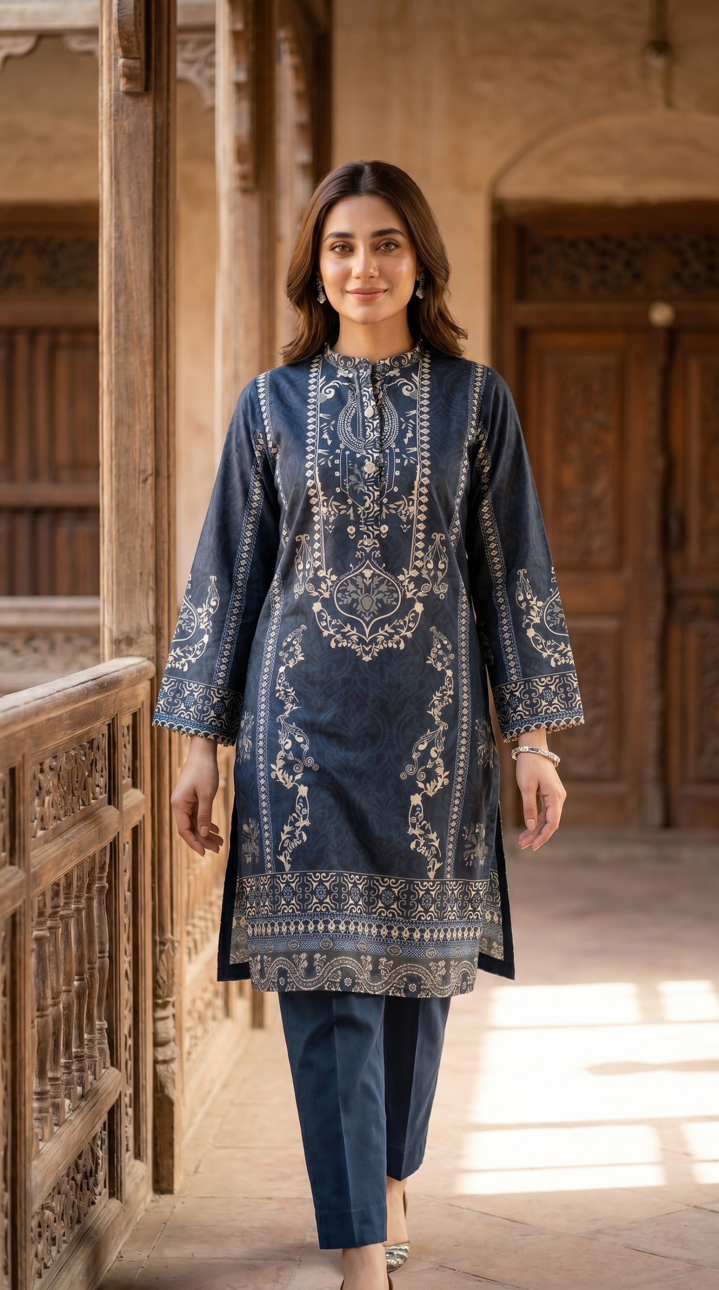 Midnight Indigo Printed Kurti – Traditional Floral Motif Straight Shirt
