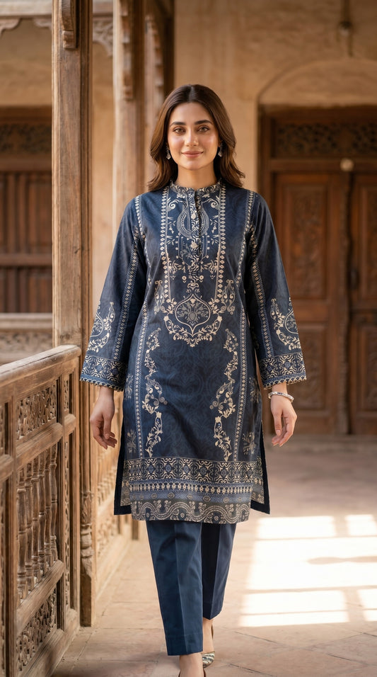 Midnight Indigo Printed Kurti – Traditional Floral Motif Straight Shirt