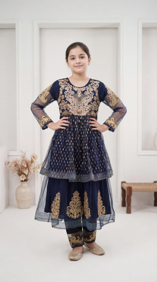 Girls' Royal Blue & Gold Embroidered Double-Layer Festive Frock