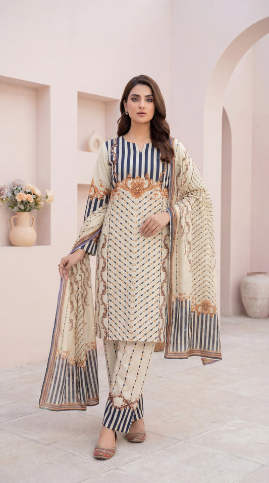 Ethereal Cream & Indigo Geometric Print 3-Piece stitched Suit