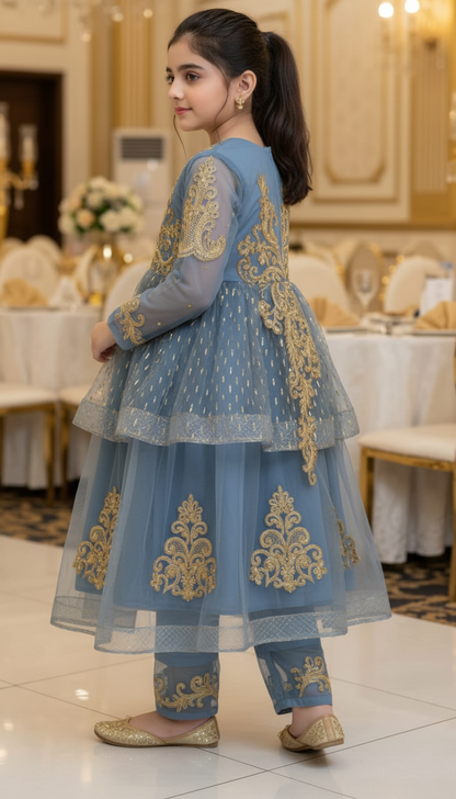 Girls' Dust Blue Embroidered Net Frock - Festive Party Wear 2-Piece Set
