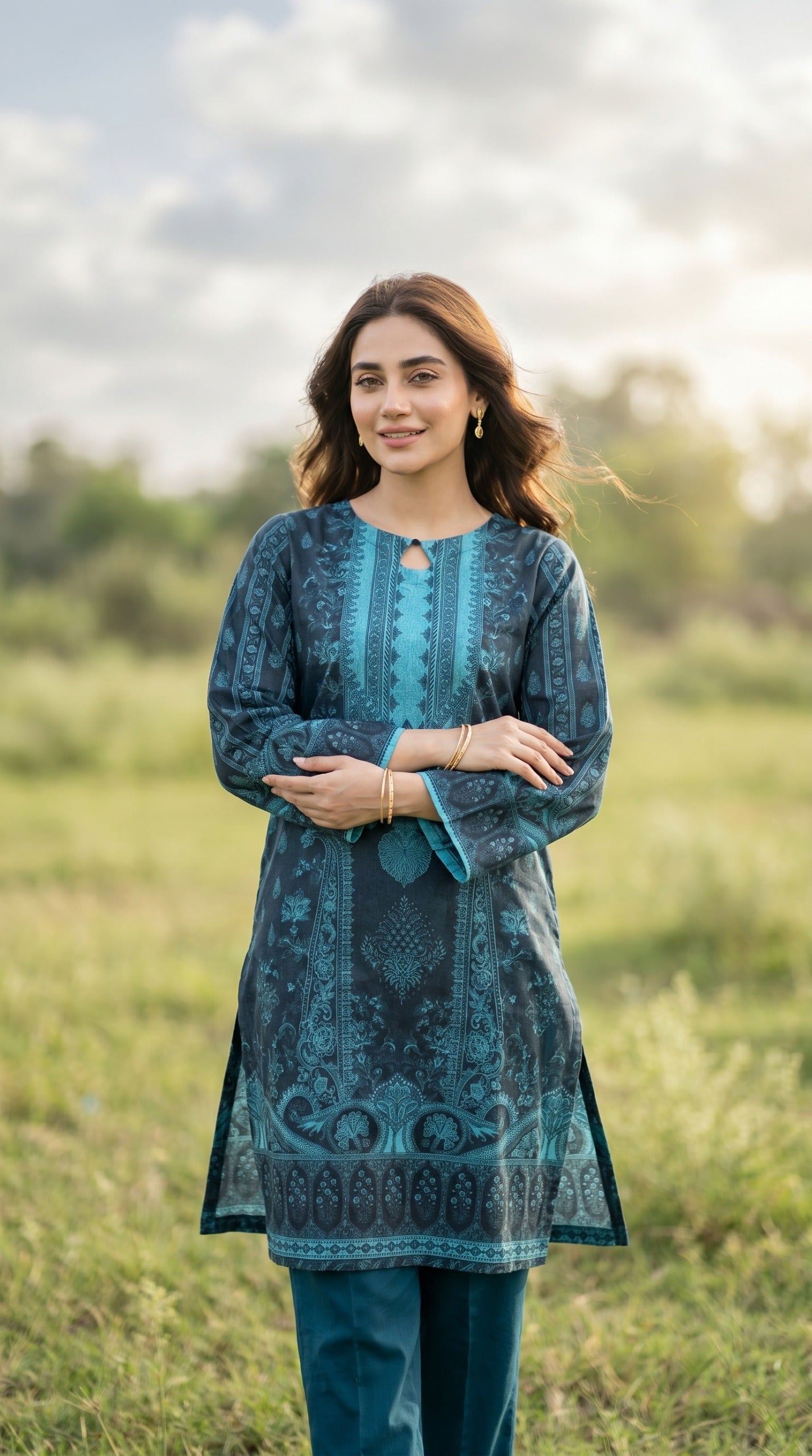 Oceanic Elegance Printed Lawn Kurti – Deep Teal & Turquoise