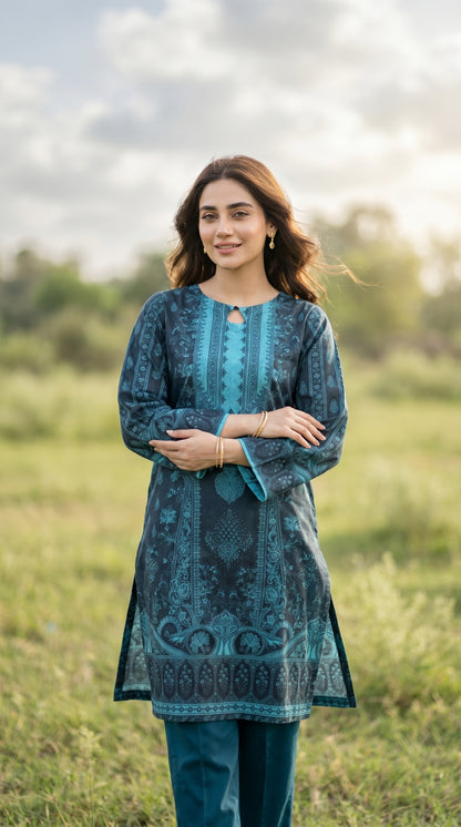 Oceanic Elegance Printed Lawn Kurti – Deep Teal & Turquoise