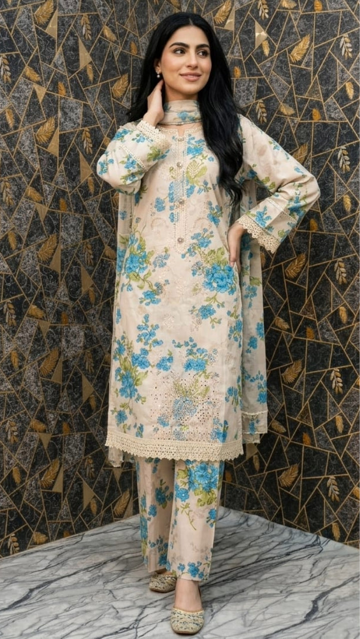 Azure Bloom | Three-Piece Digital Print Lawn Ensemble