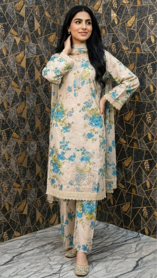 Azure Bloom | Three-Piece Digital Print Lawn Ensemble