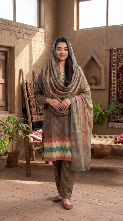 Vintage Earth-Tone Printed 3-Piece Shalwar Kameez Set – Traditional Village Aesthetic