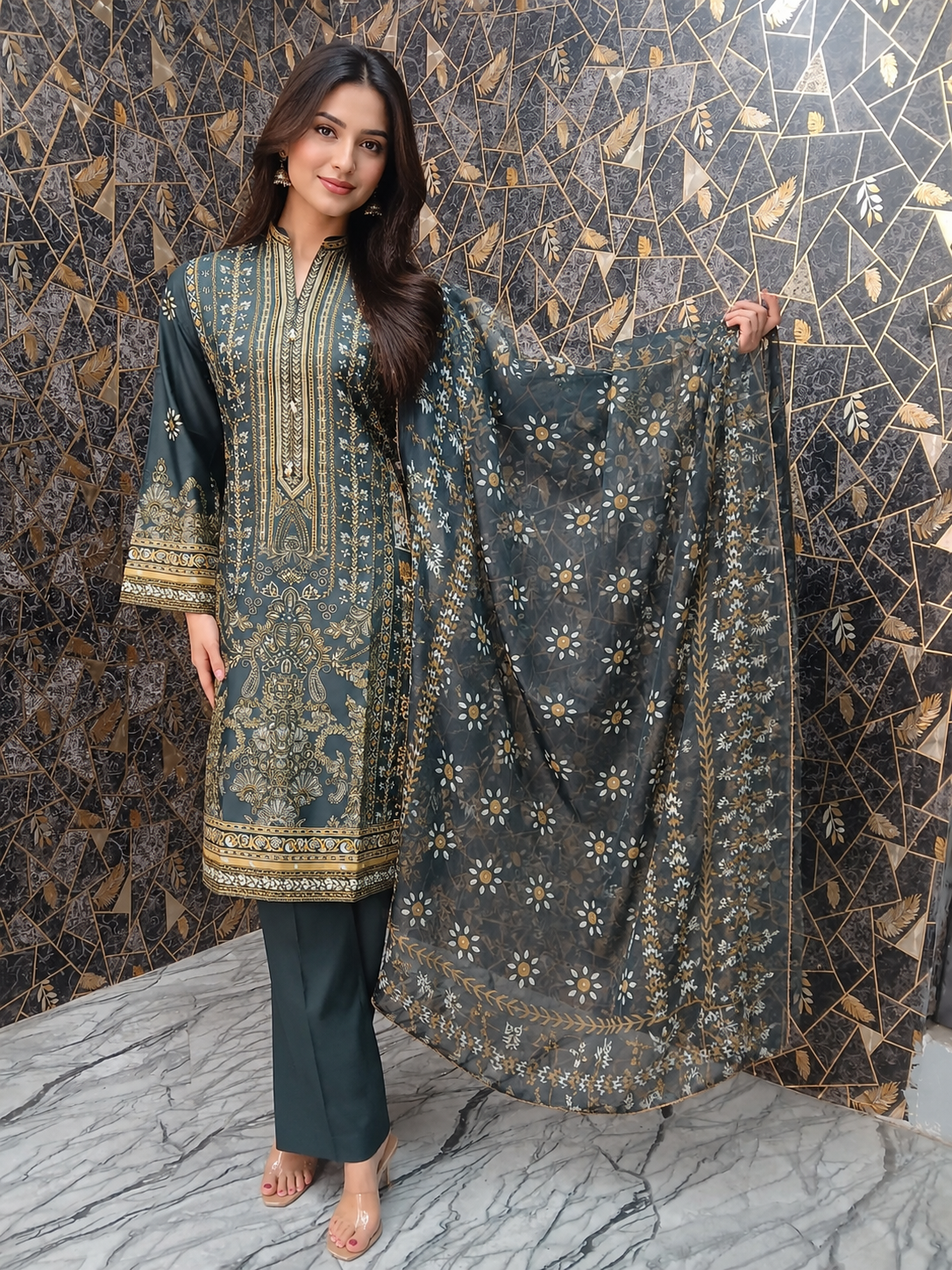 Elegant Forest Green Embroidered 3-Piece Stitched Suit