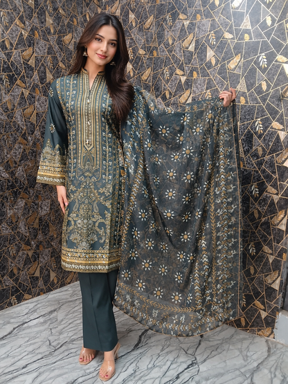 Elegant Forest Green Embroidered 3-Piece Stitched Suit