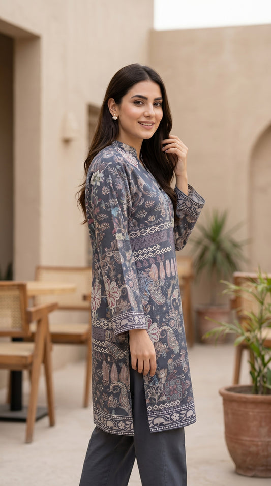 Midnight Slate Floral Printed Kurti – Heritage Ethnic Motif Lawn Tunic
