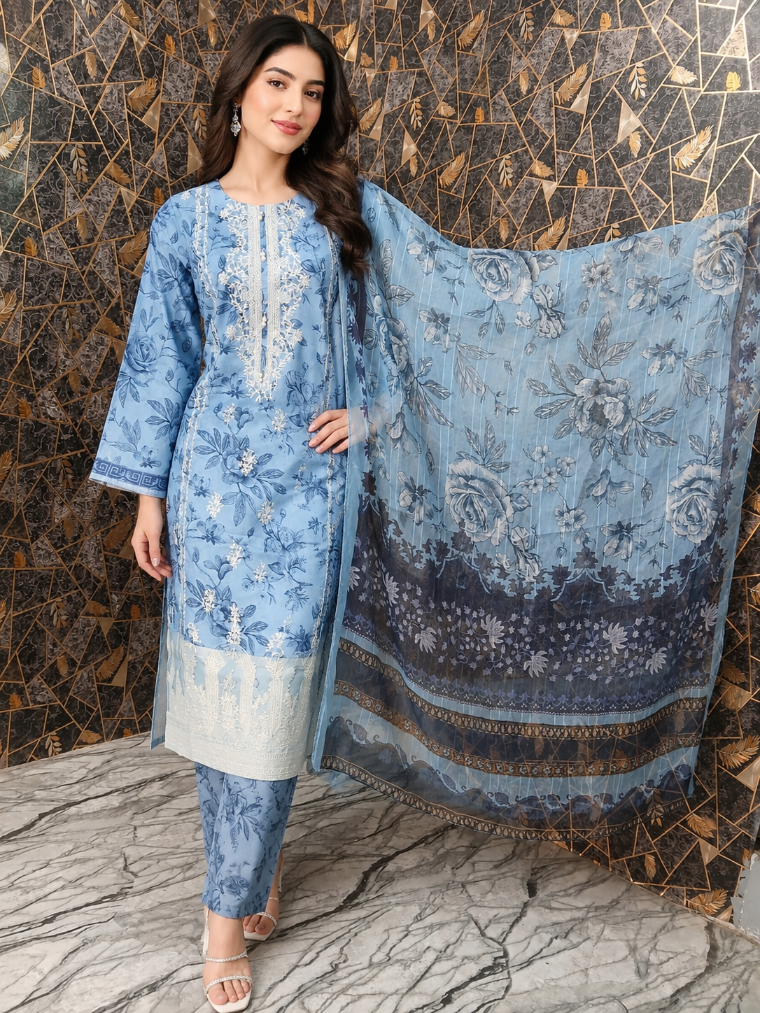 Azure Bloom: 3-Piece Embroidered Lawn Suit