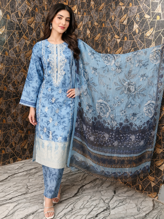 Azure Bloom: 3-Piece Embroidered Lawn Suit