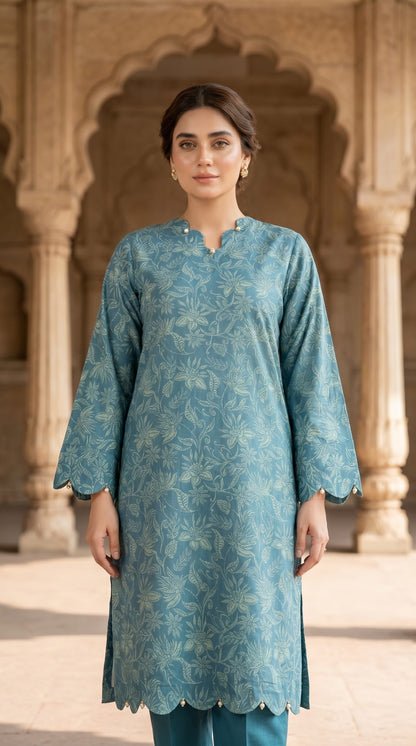Ethereal Sage Teal Printed Lawn Kurti with Scallop Details