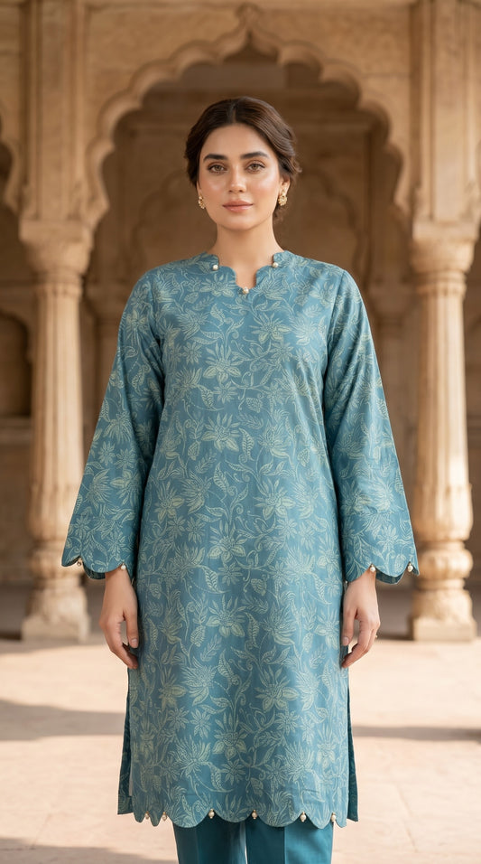 Ethereal Sage Teal Printed Lawn Kurti with Scallop Details