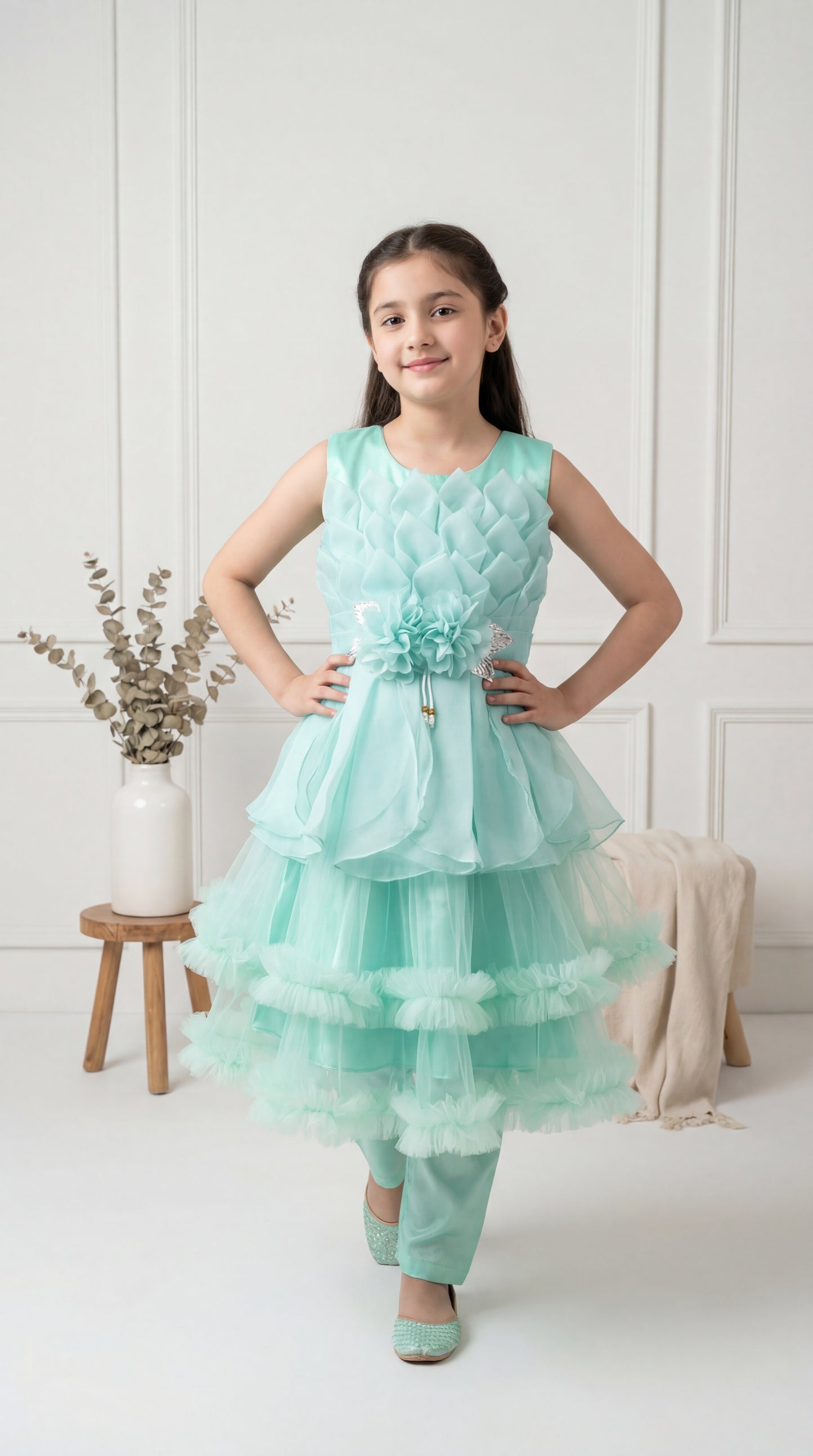 Enchanted Mint Ruffled Petal Frock & Trousers Set