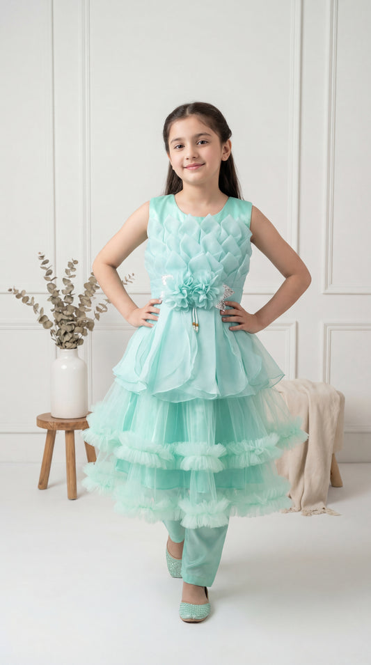 Enchanted Mint Ruffled Petal Frock & Trousers Set